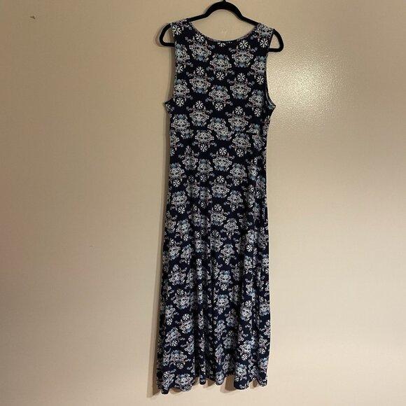 Talbots Women L Navy Blue Floral Sleeveless Keyhole Knit Jersey Maxi Dress - Picture 10 of 10
